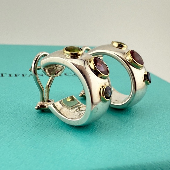 Vintage Tiffany & Co. Etoile Gemstone Hoop Earrings in 18k and 925 15g - Picture 3 of 9